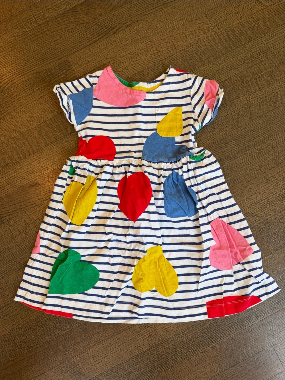 Mini Boden Multicolor Heart-Print Striped T-Shirt Dress - size 6-7Y